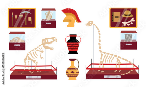 Set of museum exhibits in a cartoon style.Vector illustration of exhibition exhibits:tools,broken, whole vases, helmet, skull, hat, researcher's notebook,dinosaur bones isolated on a white background.