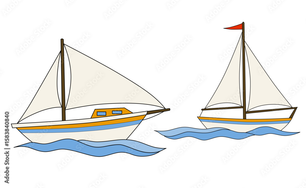 Naklejka premium Sailing yachts floats on waves. Side view. Small ships for recreation and travel. Hand drawing isolated on white background. Vector.