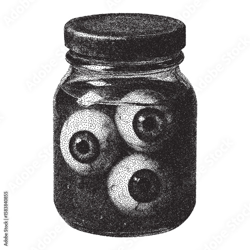 Jar with eyeballs and liquid in stipplism effect. Halloween. Night of fear. Witch potion with eyes. Grunge style Halloween illustration. Human eyes. Vector