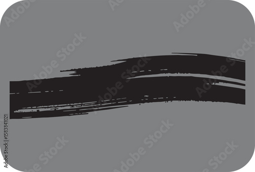 Abstract black brush stroke with textured edges and subtle horizontal lines across a rounded corner gray background conveying a sense of dynamic movement and artistic expression