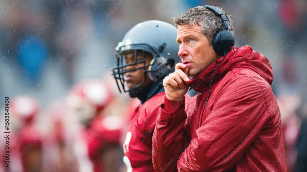 Obraz premium Thoughtful male coach and player during rainy football game