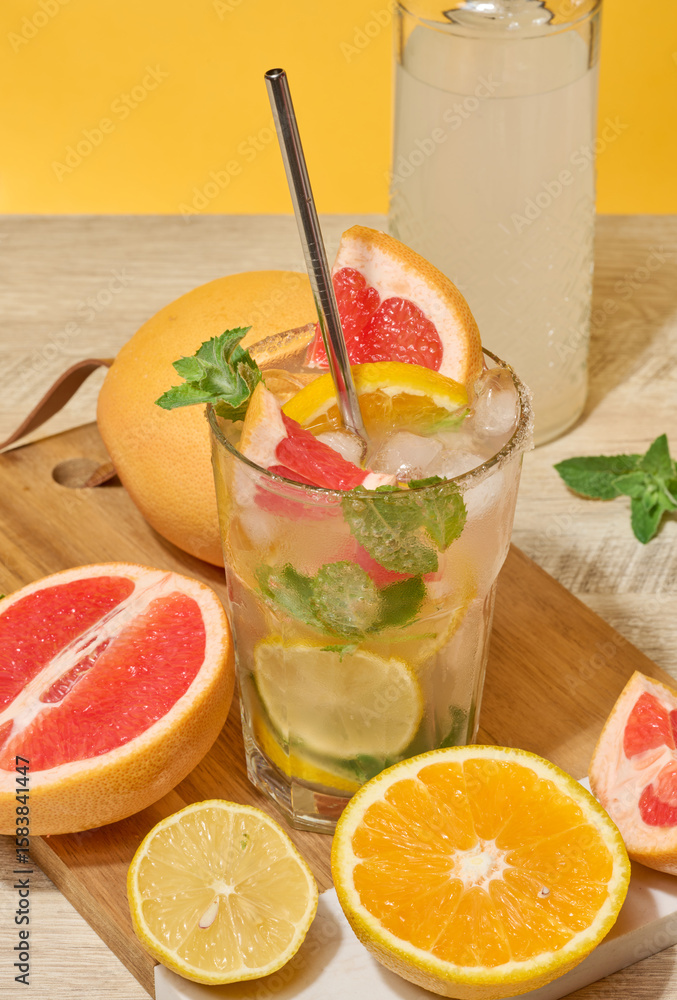 Fototapeta premium Glass with cold cocktail, citrus pieces inside, homemade drink