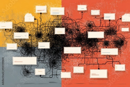 Disorganized connections and chaotic information flow depicted in a colorful abstract representation of poor management strategies