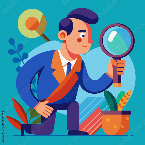 Businessman examining a plant with magnifying glass in bright flat design