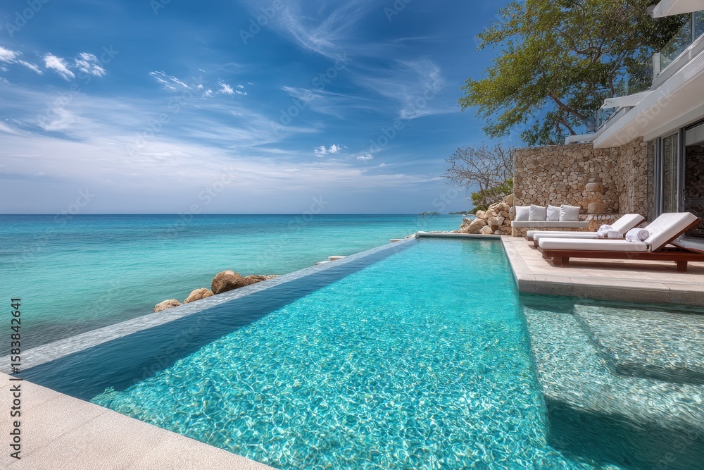 Fototapeta premium Luxury infinity pool invites relaxation with panoramic ocean bay views at a serene seaside retreat in late afternoon sunlight