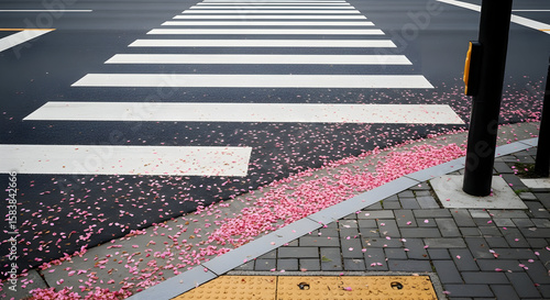 Urban spring harmony a crosswalk adorned with fallen cherry blossoms creating a serene street scene