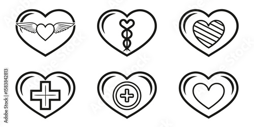 Heart icons with medical and symbolic elements medical icons