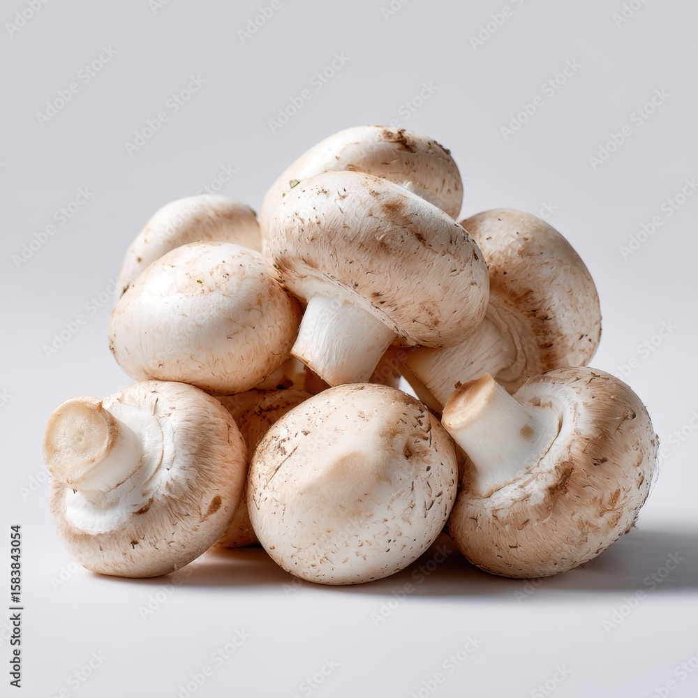 A pile of fresh, whole white mushrooms button, isolated on a pure white background. Vegetable, ingredient. A pile of fresh, whole white mushrooms button, isolated on a pure white background. Vegetable, ingredient.