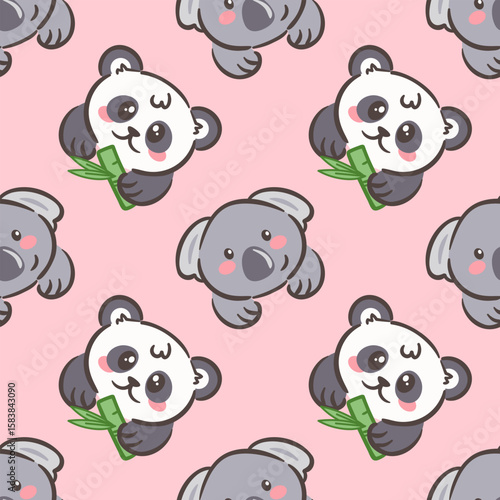 Photography vector illustration features a charming seamless pattern of cute pandas and koalas against a soft pink background
