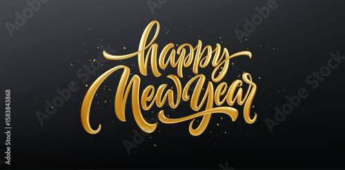 Gold Lettering Vector Illustration Of Happy New Year Text On Dark Background With Sparkling Glitter Elements