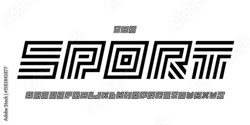 Striped maze font, bold striped block alphabet, linear tech letters, digital cyber typeface for sport logo, racing headline, modern labyrinth typography, geometric typographic design. Vector typeset.