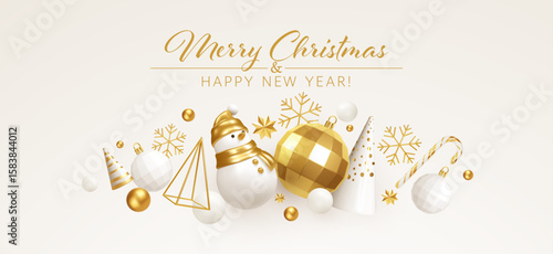 Elegant Vector Illustration of Golden and White Christmas Decorations with Snowman, Ornaments, and Snowflakes, Displayed on a Minimalist Background for Seasonal Festivity Celebration