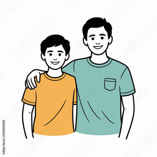 Teenage boy standing next to mentor with smiles on white background, concept of International Men's Day  