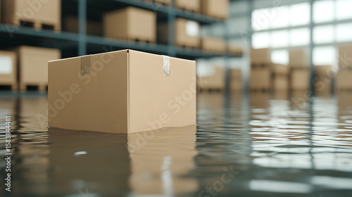 Flooded Warehouse: A shipping box sits in standing water, the aftermath of a flood in a warehouse, threatening inventory and business operations.