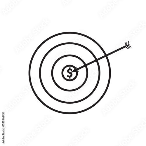 Line icon of a target with dollar symbol and arrow hitting the center, symbolizing financial goal setting, money focus, and achieving personal finance objectives.