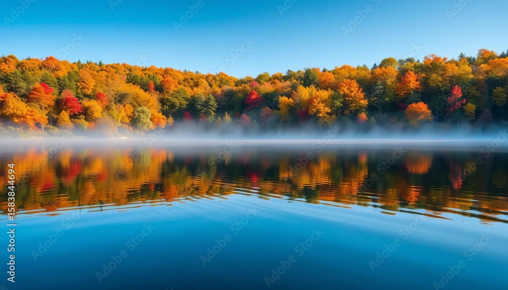 Obraz premium Serene autumn lake scene; colorful trees reflected in still water, fall, illustration