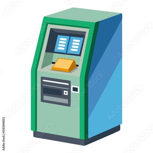 Green ATM machine with screen and card slot for banking transactions  