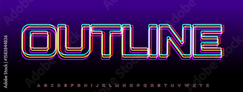 Glitch neon alphabet, linear outline glowing letters, vibrant colored electric contour font for nightclub logo, tech headline, cyber bar typography, digital typographic design. Vector typeset.