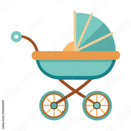 Baby carriage in modern design with teal color and stylish wheels  