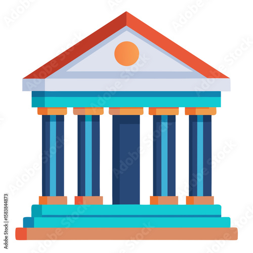 Stylized bank building with columns and triangular roof in vibrant colors  