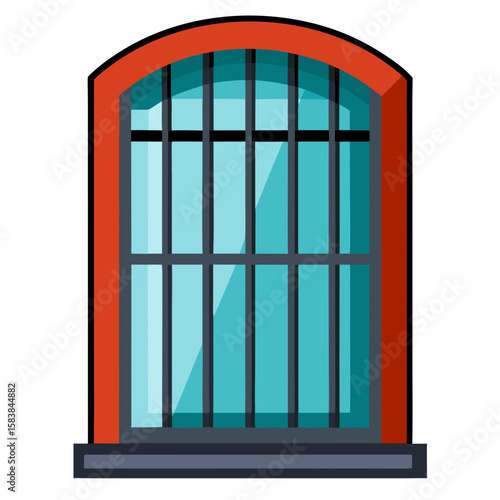Arched barred window with blue glass and red frame design  