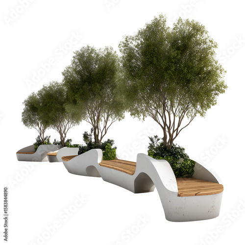 Innovative urban seating with integrated trees and greenery. Modern outdoor furniture design, ideal for public spaces and park