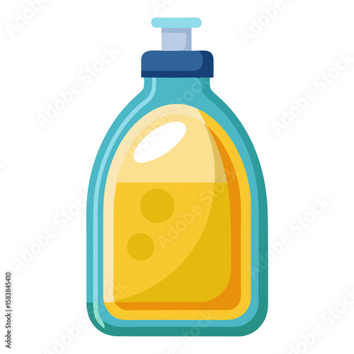 Dish soap bottle with yellow liquid in plastic container  