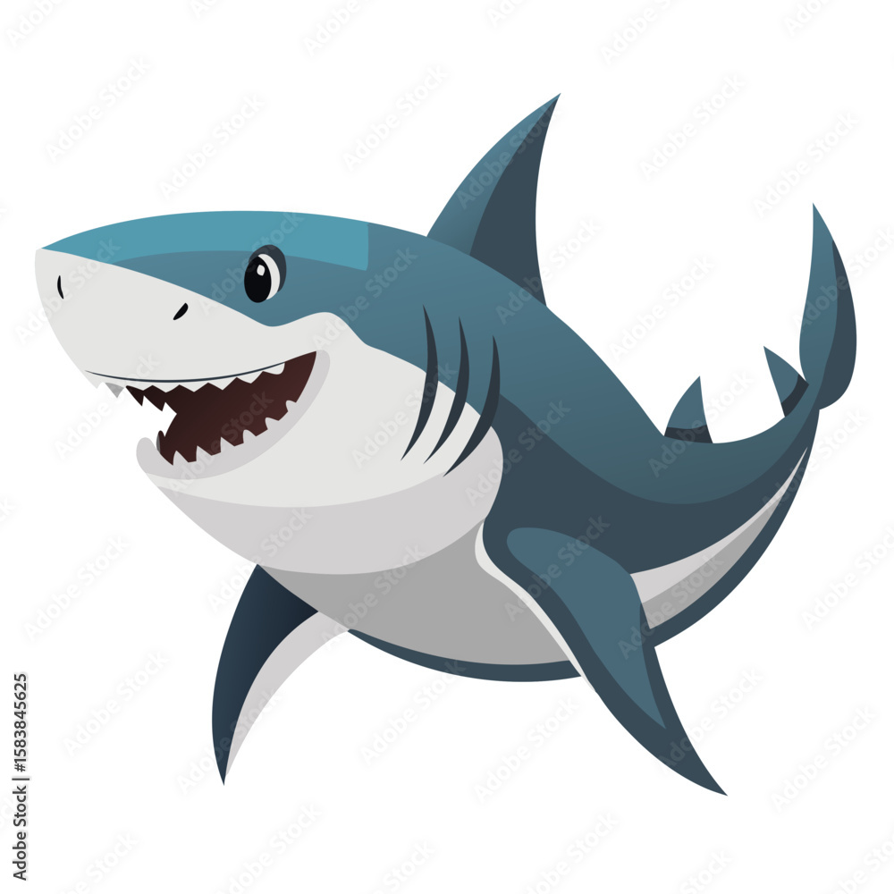 Naklejka premium Cartoon shark swimming with a friendly expression in the ocean 