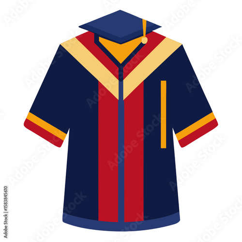 Graduation robe with cap in navy blue and red colors  