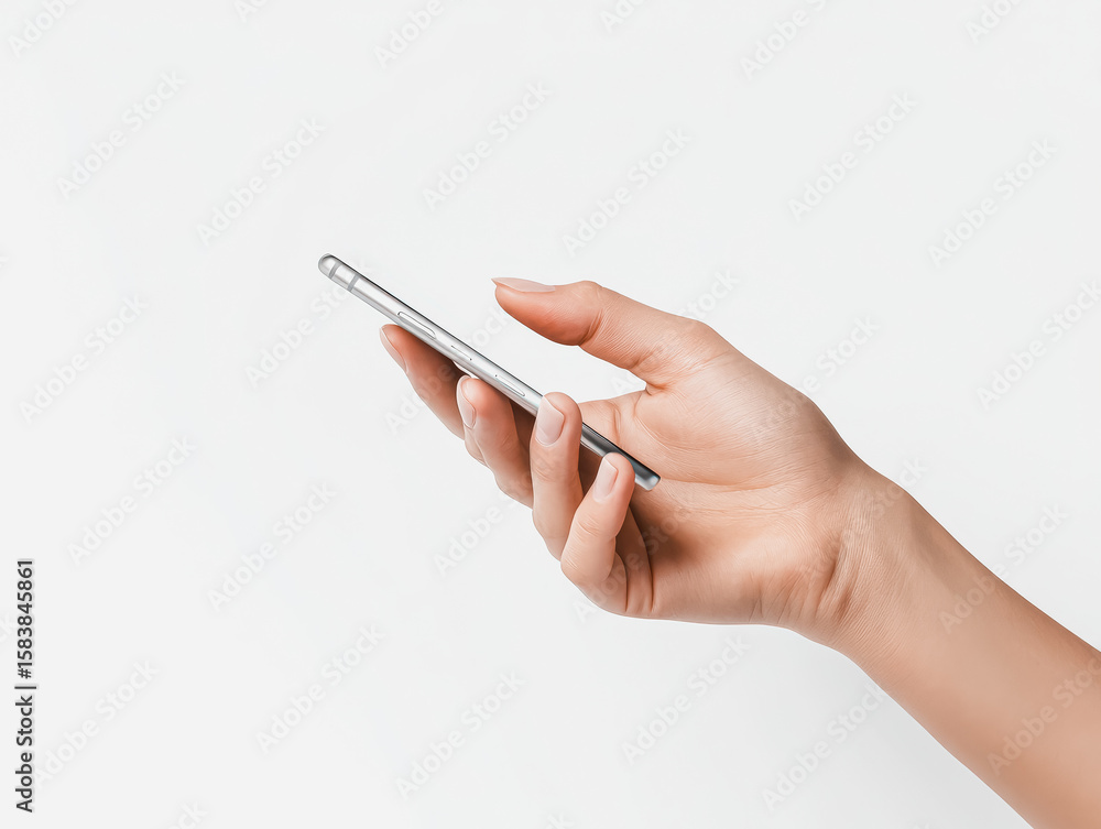 Fototapeta premium Hand holding a cell phone. The phone is silver and the hand is white. Concept of modern technology and the importance of communication in today's world