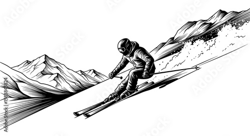 Vintage Downhill Skier Illustration – Dynamic Mountain Sport Line Art
