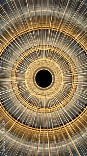 A symmetrical, perspective view within a domed structure with concentric circles and radial lines of light and shadows converging