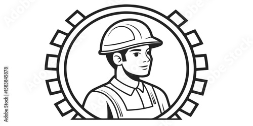 Manufacturing worker in hard hat and overalls inside gear