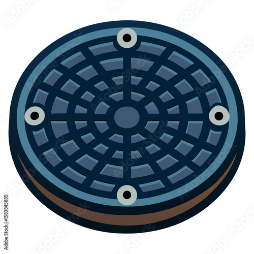 Manhole cover with circular pattern and metallic features  