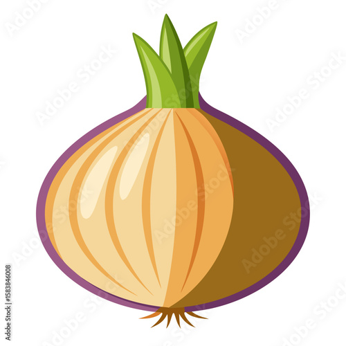 Cartoon onion with green leaves in vibrant colors  
