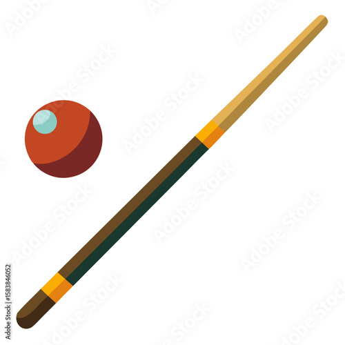 Pool cue and red ball on white background  
