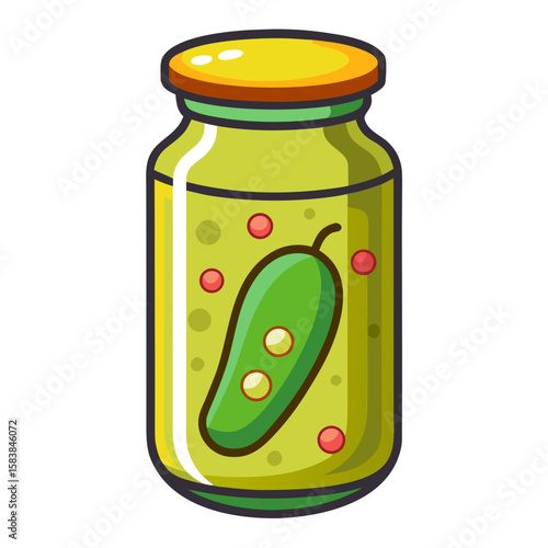 Jar of pickles with cucumber and colorful spices inside  