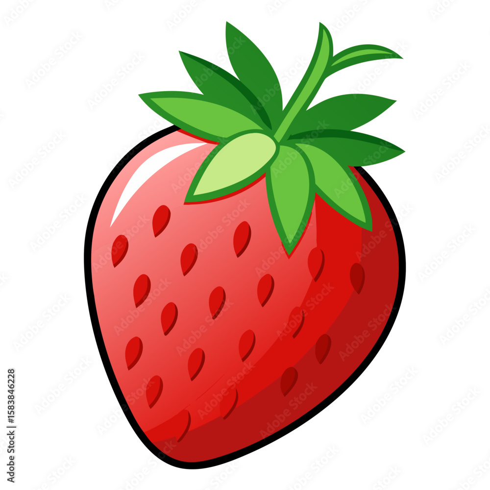 Obraz premium Cartoon strawberry with green leaves and shiny red surface