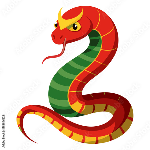 Colorful cartoon snake with red and green scales and playful expression  