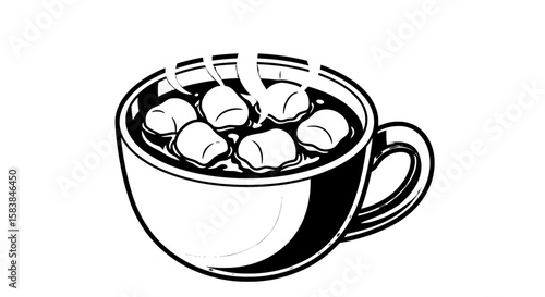 Retro Coffee Mug with Marshmallow Hot Cocoa – Monochrome Line Art
