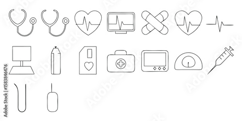 Medical equipment and health symbols stethoscope heart monitor