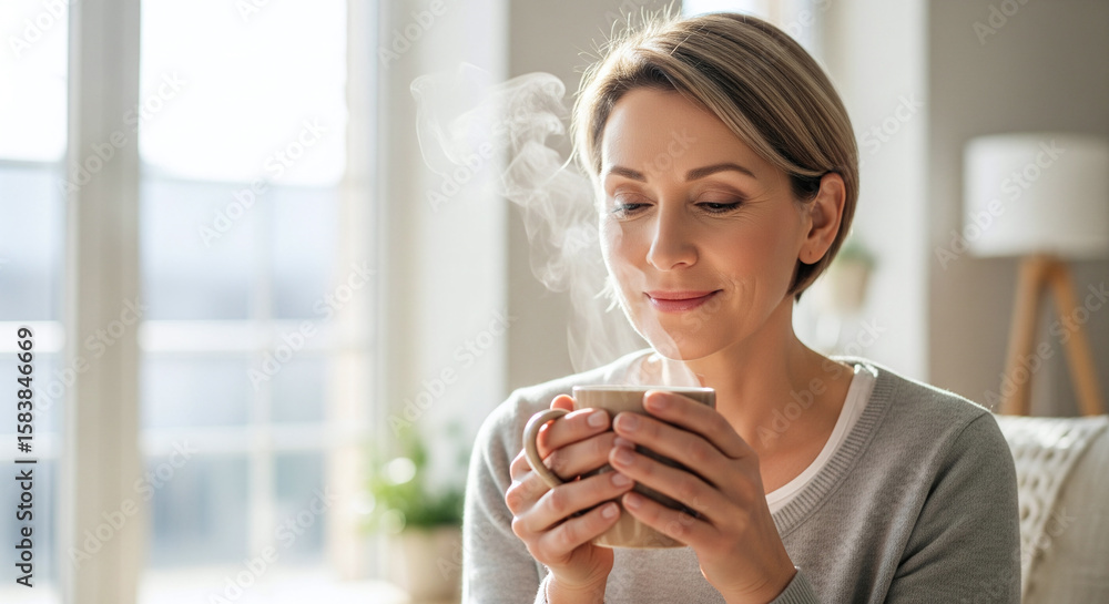 Woman in cozy clothing holding coffee mug with both hands looking slightly off camera upper body and head fully visible with softly blurred neutral background Woman in cozy clothing holding coffee mug with both hands looking slightly off camera upper body and head fully visible with softly blurred neutral background