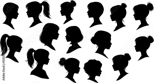 silhouettes of women's heads, various hairstyles, black and white