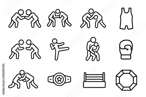 Engaging in various combat sports activities with wrestling, boxing, and training equipment displayed