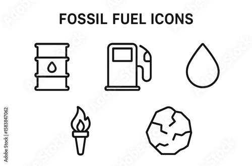 Icons representing fossil fuels, highlighting oil, gas, and environmental impact in simple line art format