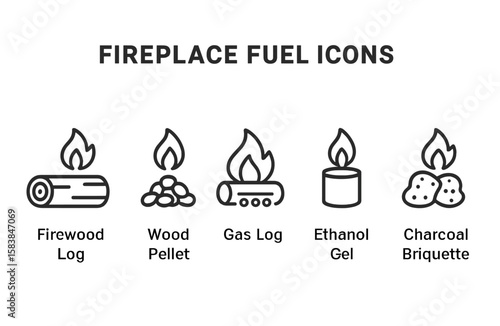 Different types of fuel options for fireplaces including firewood logs, wood pellets, and gas logs