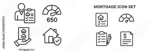 Icons representing mortgage processes, credit scores, and housing security in a modern design
