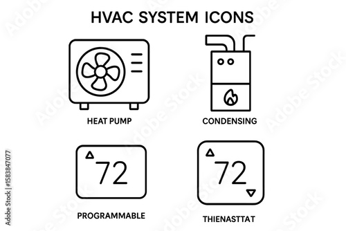 Various icons representing HVAC system components and controls including heat pump, condensing unit, and programmable thermostat