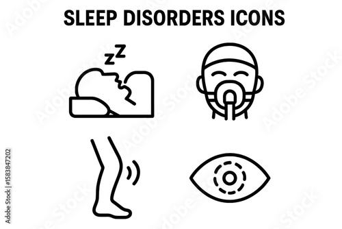 Icons illustrating various sleep disorders, including snoring, sleep apnea, restless legs, and insomnia in a clear graphic layout