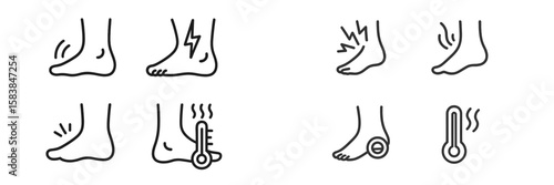 Foot pain symptoms illustrated with various signs and sensations commonly experienced in different conditions